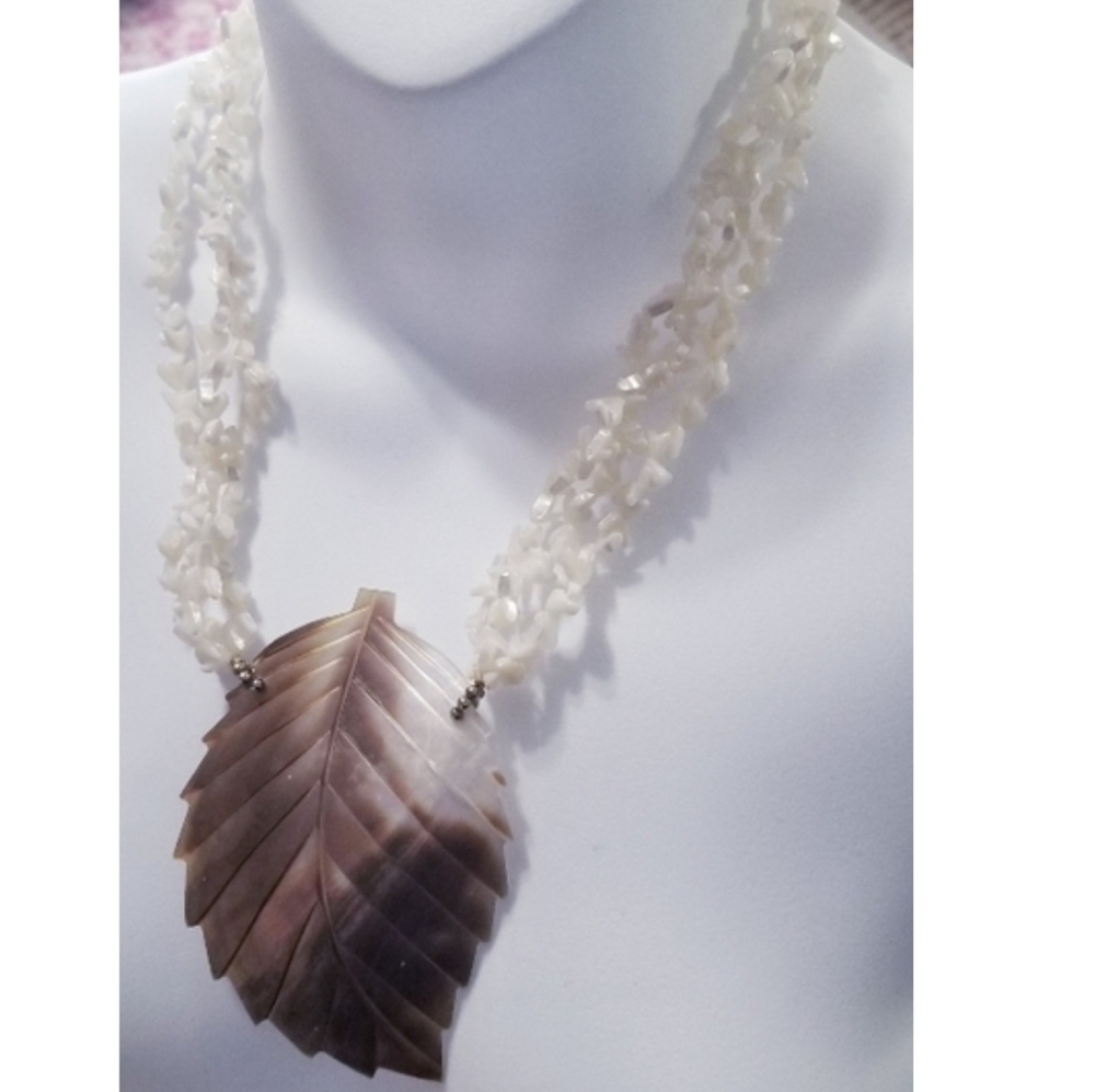 Triple Strand Mother Of Pearl Abalone Shell Necklace Large Shell Pendant